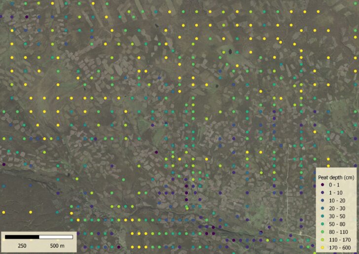 Terrain map overlaid with colourful dots showing depth of peat
