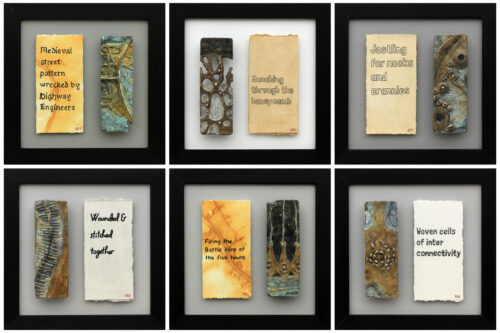 Six of Mark's artworks. Each features a cast piece of bronze and a stylised series of words