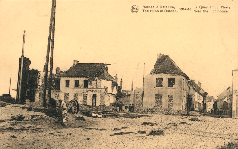 A sepia coloured postcard of a bombed out building which looks like it might have once been a pub