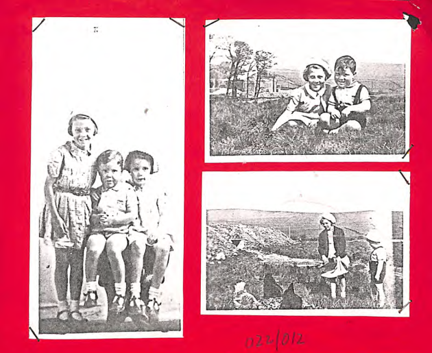 Three black and white photographs showing smiling children. They are mounted onto a red card.