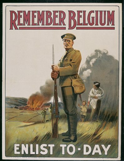Coloured Poster showing a serious-looking world war one soldier. The words "Remember Belgium" caption the poster