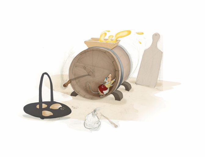 A drawing of a mouse in a red and yellow outfit. She is churning butter using a churn that looks like a barrel. The handle is spinning but she's making it turn by running in the barrel rim like a hamster wheel. Yellow cream splashes at the top. To the left is a bakestone with small baked cakes on it