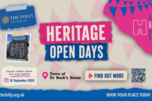 Heritage Open Days graphic for Tours of Dr Buck’s House on 18 September 2026, featuring The Folly branding, a photograph of Dr Buck’s House, booking information and a QR code to find out more.