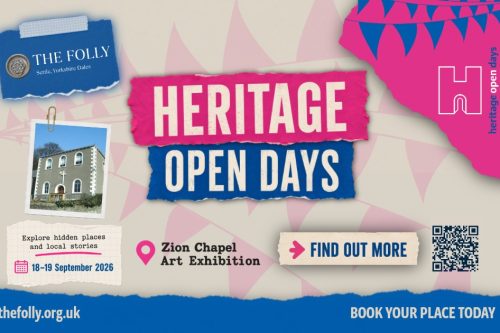 Heritage Open Days graphic for the Zion Chapel Art Exhibition on 18-19 September 2026, featuring The Folly branding, a photograph of Zion Chapel, booking information and a QR code to find out more.