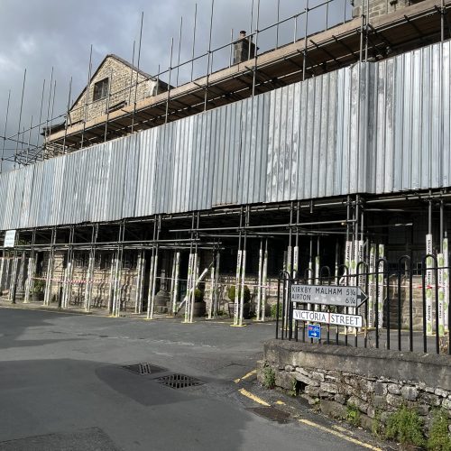 The scaffolding at The Folly rising to roof level